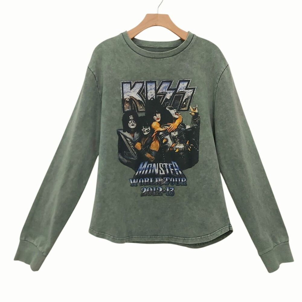 Kiss Rock Band Sweatshirt Womens Large Green Monster World Tour 2012-13 Concert